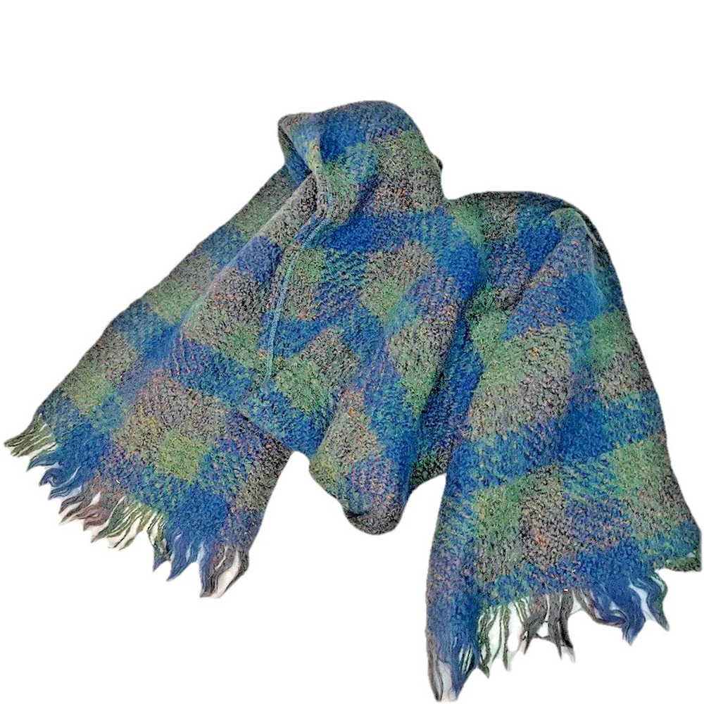 Weave O’ the Irish Blue Green Purple Fringed 100% Wool 68” X 9” Knit Scarf Vtg
